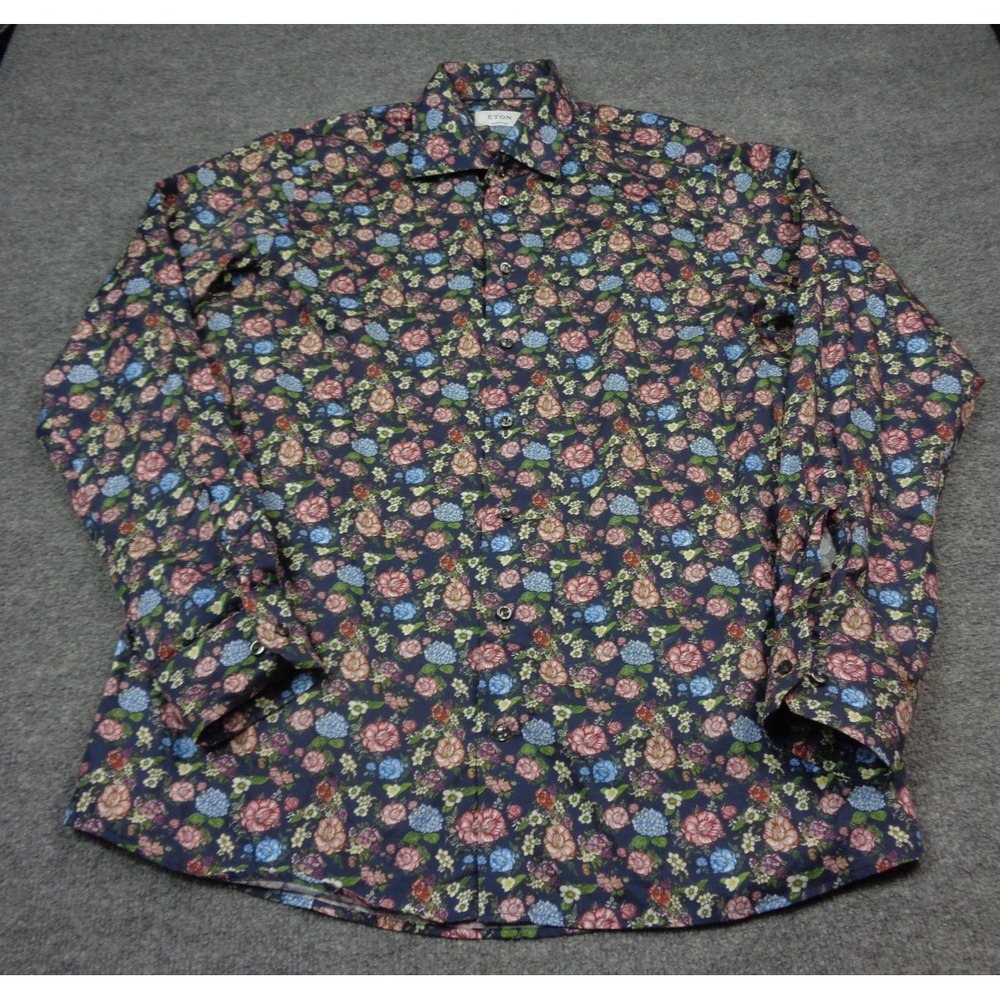 Eton Shirt Mens 17  43 Blue Floral Long Sleeve Classic Button Up Dress Shirt